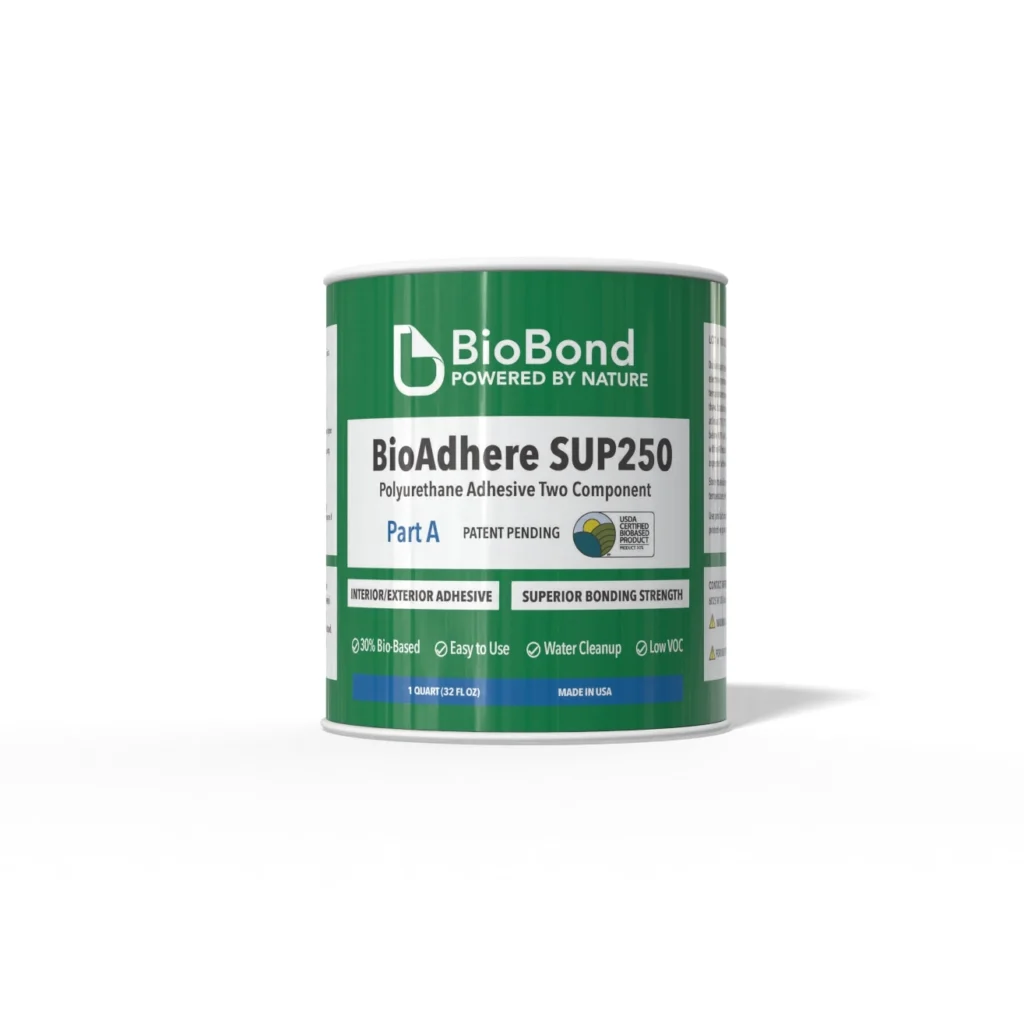 BioAdhere SUP250 two-component bio-based urethane adhesive for engineered wood applications, delivering strong bonds, low VOCs, no odor, and zero microplastics.