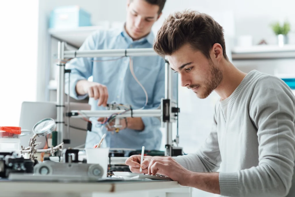 Materials engineers evaluating performance data for petroleum-free protective coatings during formulation and durability testing in a laboratory environment.