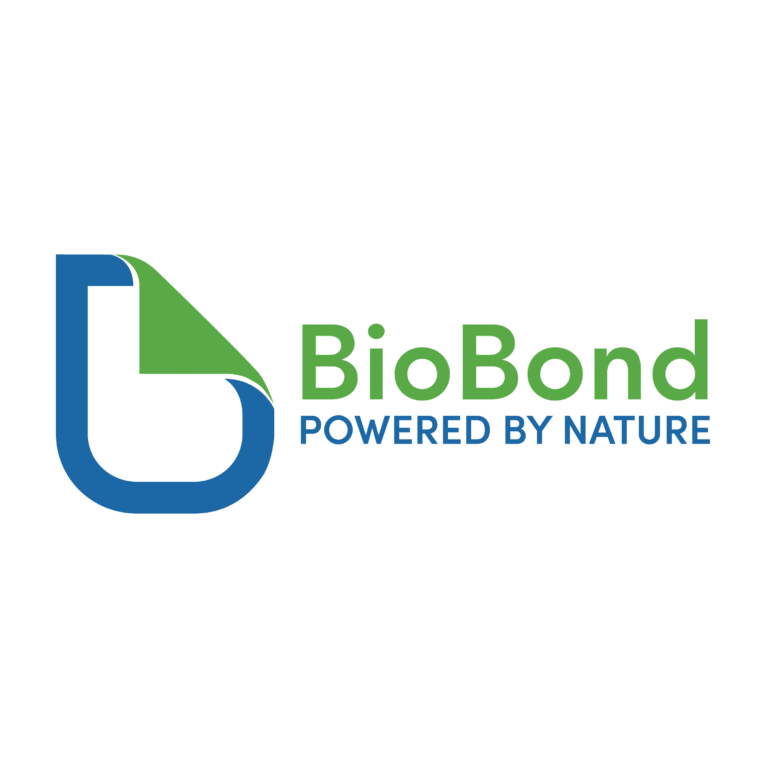BioBond logo with green and blue stylized “B” and the tagline Powered by Nature, representing plant-based adhesives and protective coatings