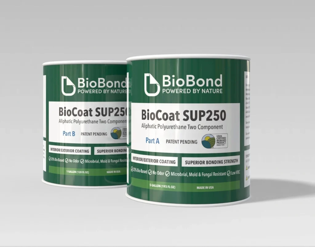 Two cans of BioBond SUP250 polyurethane floor coating, highlighting plant-based formulation and Clean Air certifications.