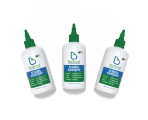 BioBond School Adhesive bottles on white background – plant-based, low VOC classroom adhesive that outperforms glue, PFAS free and USDA BioPreferred certified.
