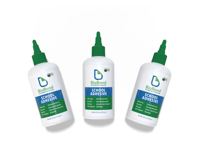 BioBond School Adhesive bottles on white background – plant-based, low VOC classroom adhesive that outperforms glue, PFAS free and USDA BioPreferred certified.
