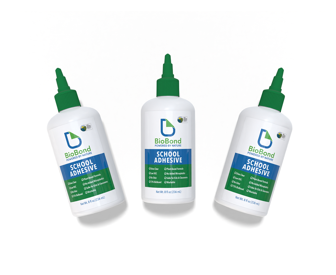 BioBond School Adhesive bottles on white background – plant-based, low VOC classroom adhesive that outperforms glue, PFAS free and USDA BioPreferred certified.
