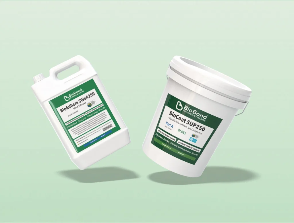 BioBond BioAdhere SWoA250 wood adhesive and BioCoat SUP250 protective coating shown in product containers against a clean background.