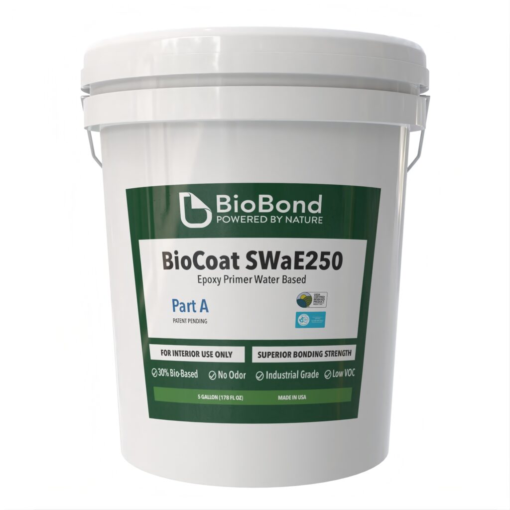 BioBond BioCoat SWaE250 water-based epoxy primer in a white 5-gallon pail, designed for strong adhesion and durable surface preparation in interior coating systems.