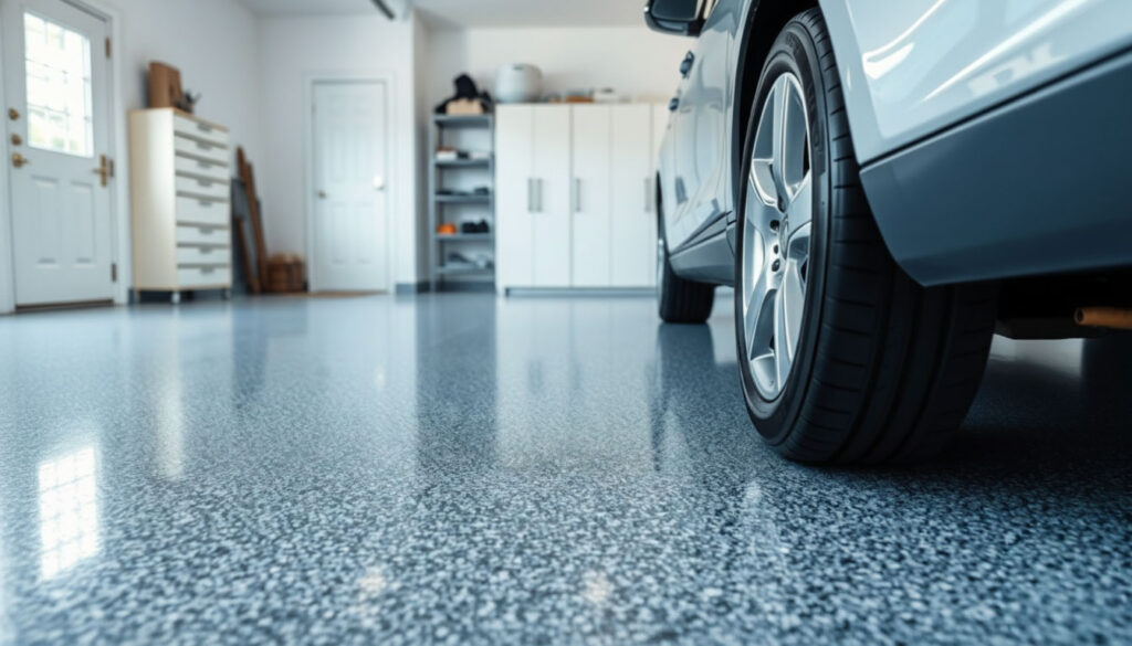 Close-up of a coated garage floor beneath a vehicle tire, illustrating surface finish and wear resistance in garage floor coatings.