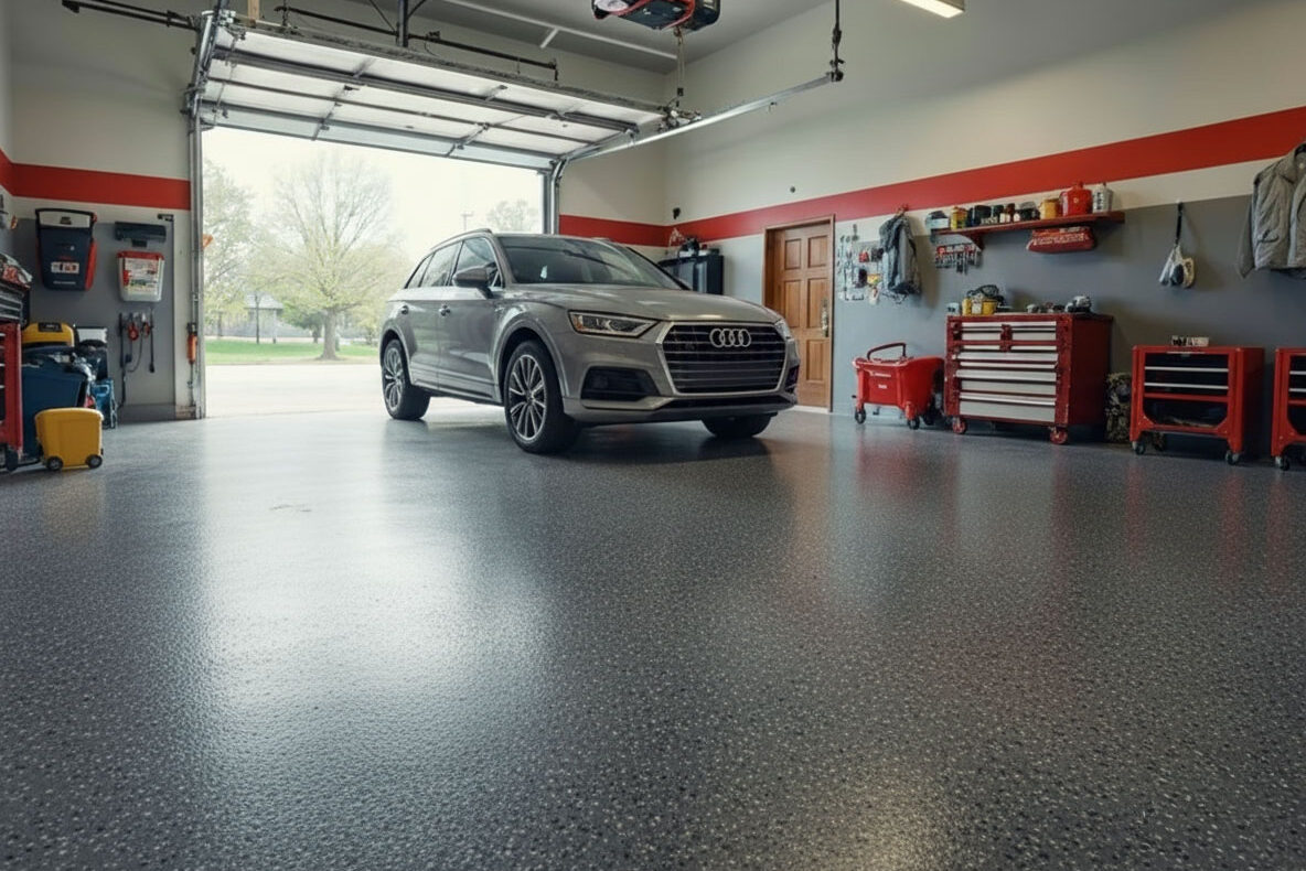 Residential garage interior with a vehicle parked on a finished garage floor coating, highlighting real-world installation and performance conditions.