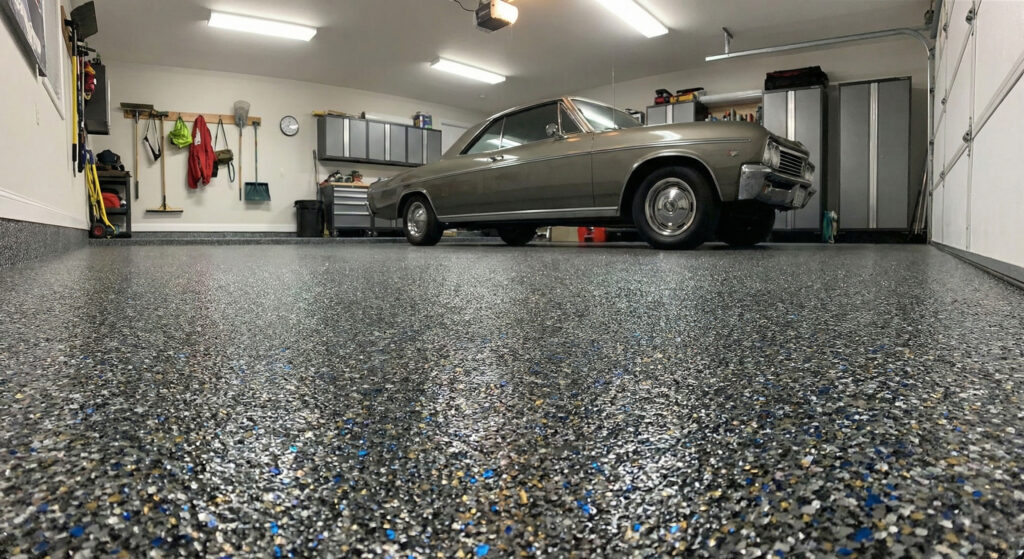 Garage floor coating beneath a parked vehicle, demonstrating resistance to abrasion, surface wear, and daily garage use.