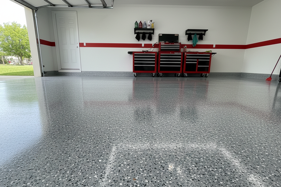 Finished concrete garage floor coating showing uniform texture and coverage designed to support adhesion and durability over time.